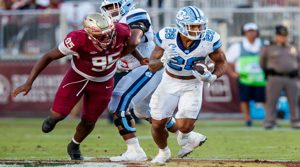 North Carolina running back Omarion Hampton (28) starts his run to the end zone in the second half to score his fifth touchdown during an NCAA college football game against Florida State, Saturday, Nov. 2, 2024, in Tallahassee, Fla. (AP Photo/Colin Hackley)