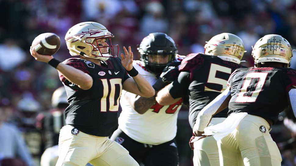 Florida State quarterback McKenzie Milton (10) throws a pass during the first half of the Seminoles' 28-14 loss to No. 19 NC State. (AP Photo/Mark Wallheiser)