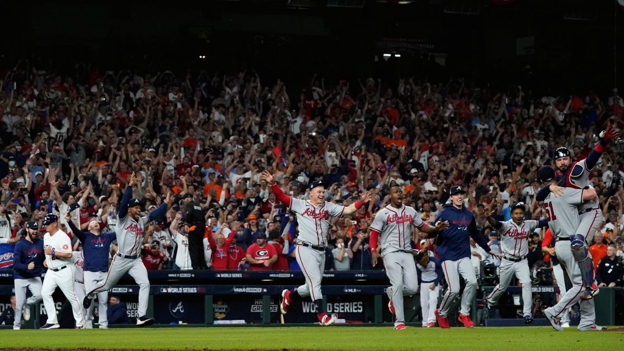 The Atlanta Braves celebrate after winning baseball's World Series in Game 6 against the Houston Astros Tuesday, Nov. 2, 2021, in Houston. The Braves won 7-0. (AP Photo/David J. Phillip)