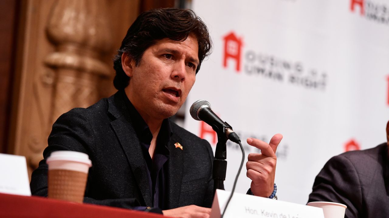 Kevin de León, Los Angeles City Council Member, speaks at the 'Community Hearing on Homelessness, Housing and Hunger' held at the Biltmore Hotel in Downtown Los Angeles on Friday, June 25, 2021. (Jordan Strauss/AP Images for AIDS Healthcare Foundation)