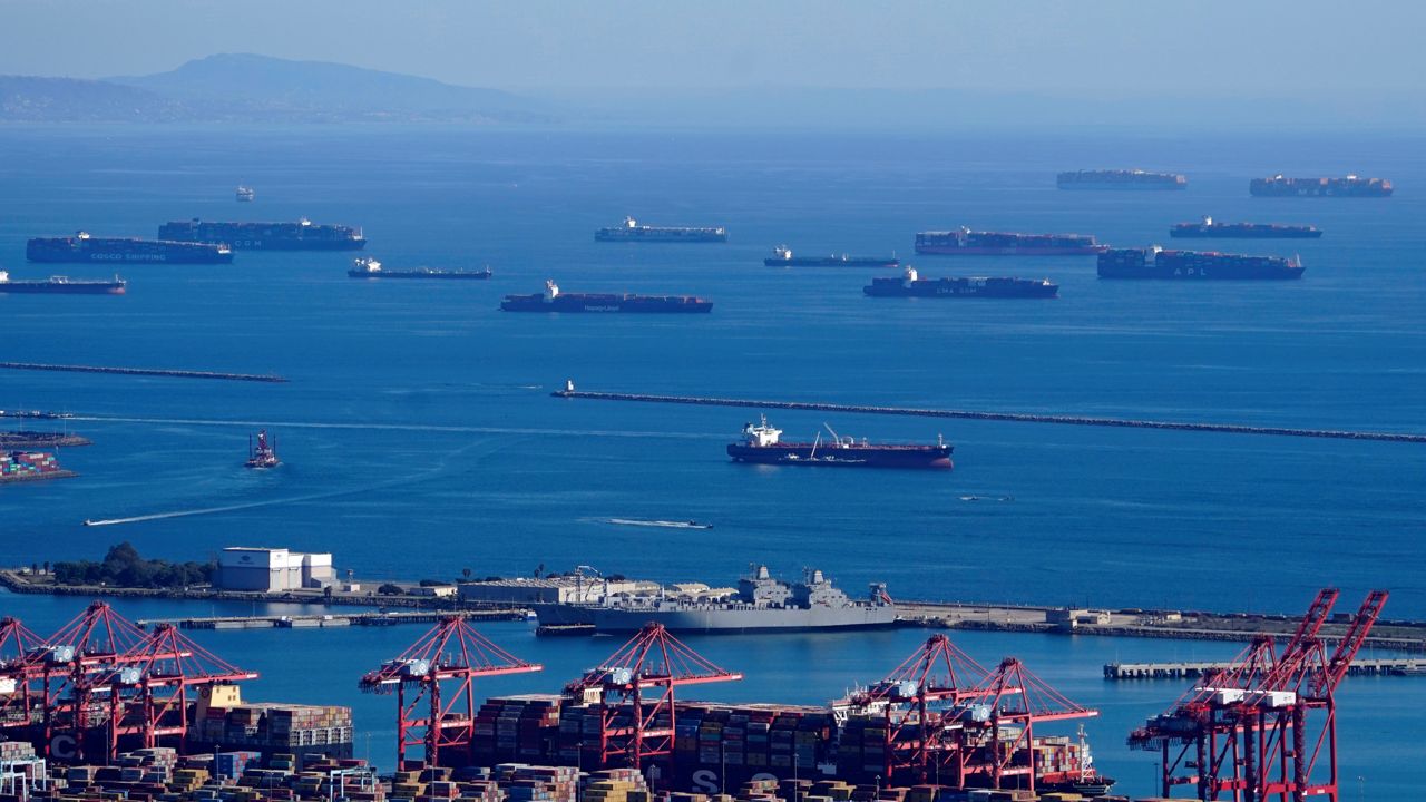 Cargo ships are seen lined up outside the Port of Los Angeles, Tuesday, Feb. 23, 2021, in Los Angeles. (AP Photo/Mark J. Terrill)