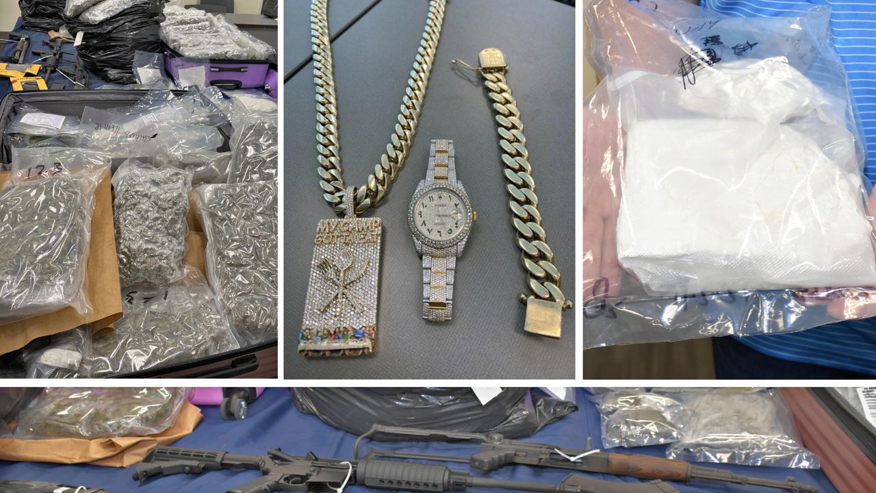 Detectives confiscated 127 pounds of marijuana, eight pounds of powder cocaine, 286.1 grams of fentanyl and seven guns. (St. Petersburg Police Department)