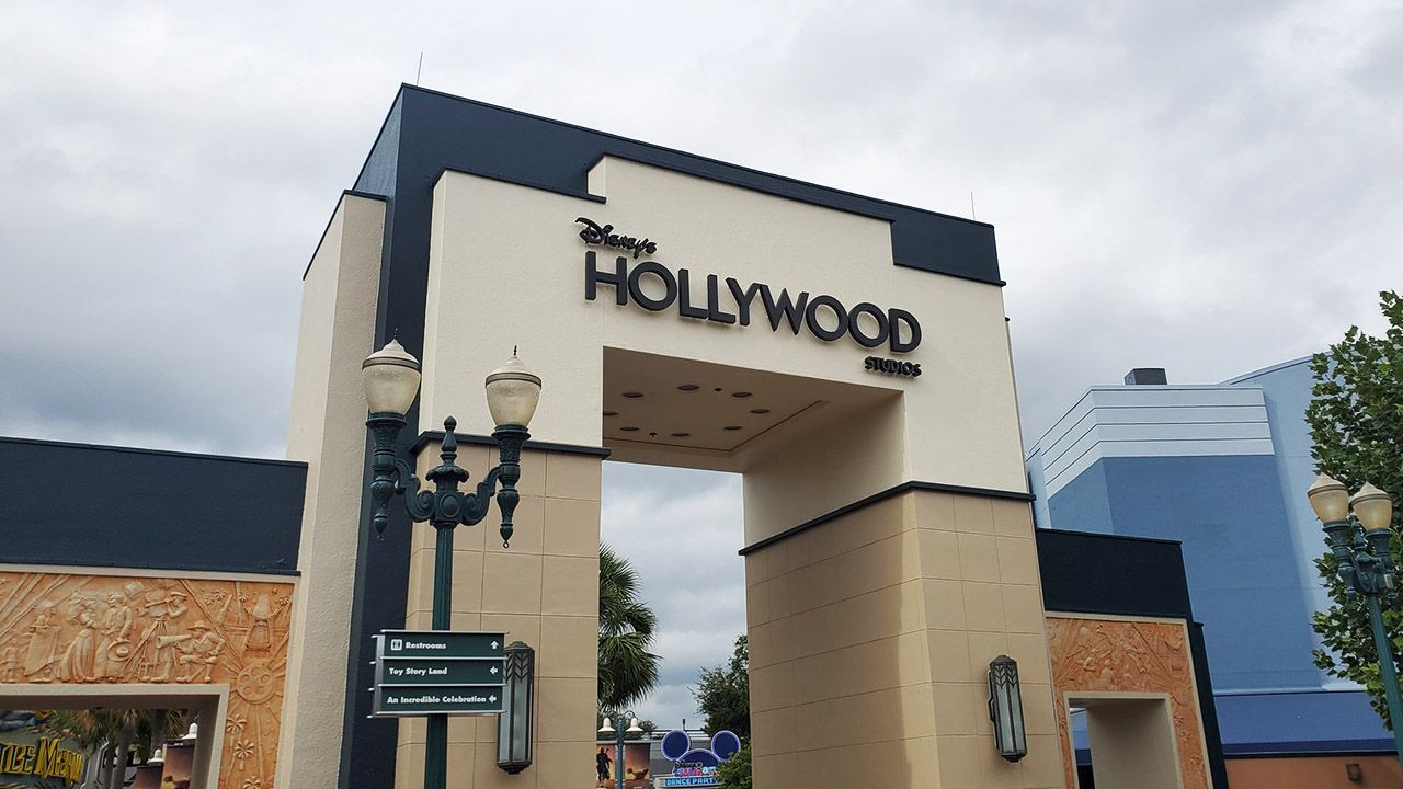 A sign featuring the new logo for Disney's Hollywood Studios has been installed at the Animation Courtyard archway. (Ashley Carter/Spectrum News)