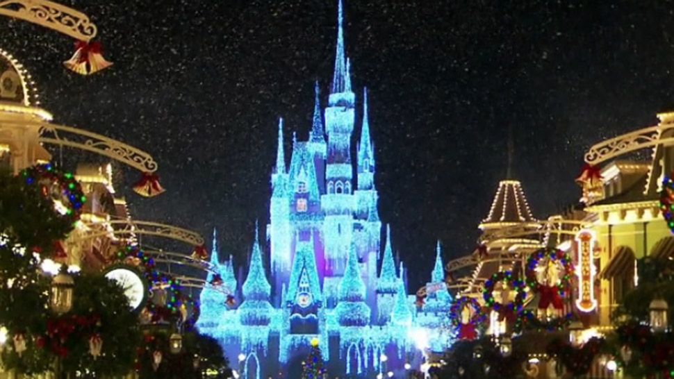 Holiday lights cover Cinderella Castle at Magic Kingdom Park at Walt Disney World Resort. (Courtesy of Disney)