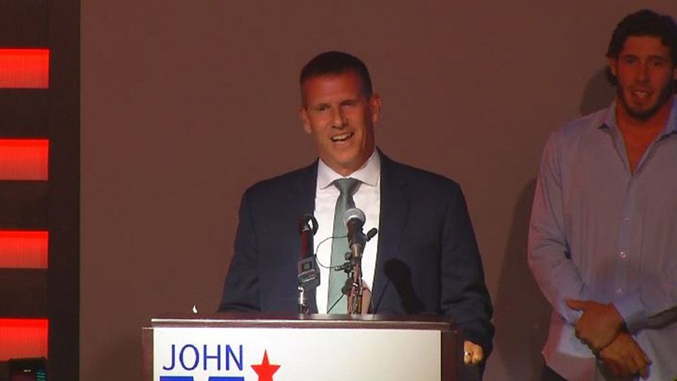 Newly-elected Orange County Sheriff John Mina speaking to a crowd of supporters on Tuesday night. (Spectrum News 13)