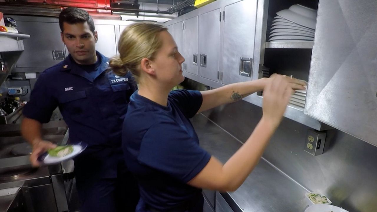 There is a kitchen on board the Paul Clark, where a crew member prepares all the meals.