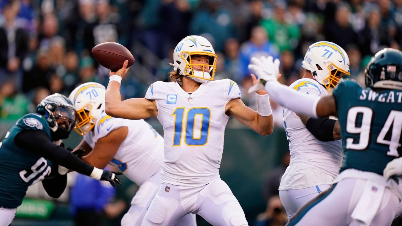 Los Angeles Chargers quarterback Justin Herbert (10) looks to pass during the first half of an NFL football game against the Philadelphia Eagles on Sunday, Nov. 7, 2021, in Philadelphia. (AP Photo/Matt Rourke)