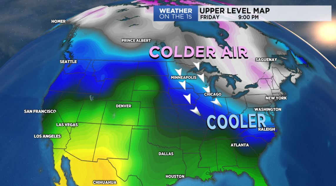 Upper level map shows cooler air heading this way.