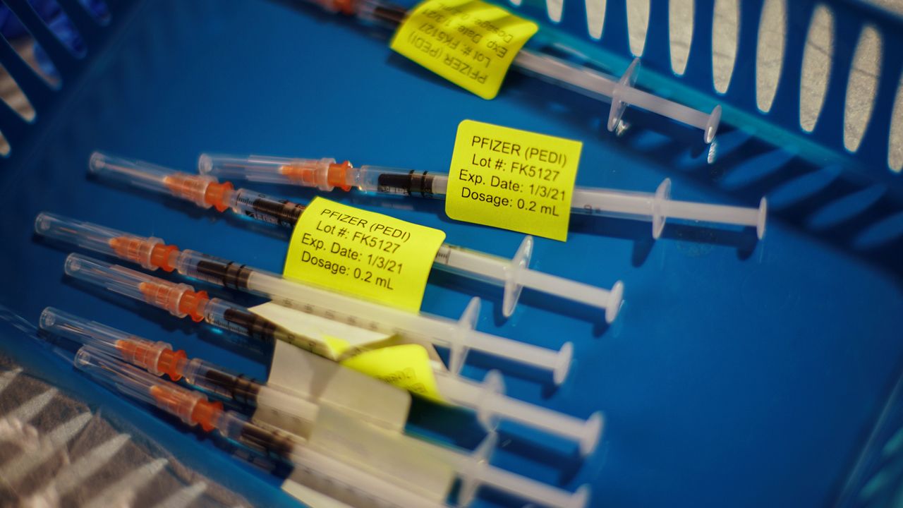 Syringes containing the Pfizer COVID-19 vaccine for children ages 5-11 sit in a tray. (AP Photo/David Goldman)