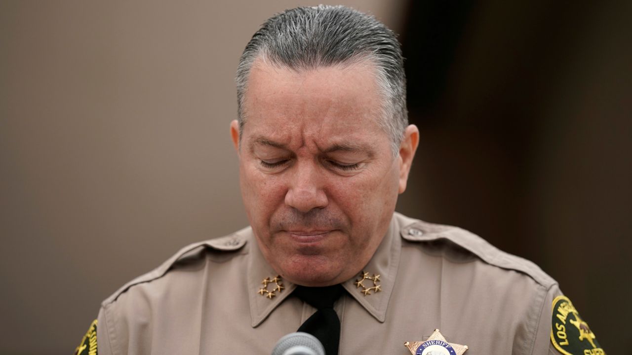 Los Angeles County Sheriff Alex Villanueva speaks during a news conference regarding the ongoing protests over the death of Dijon Kizzee in Los Angeles, Sept. 10, 2020. (AP Photo/Jae C. Hong)