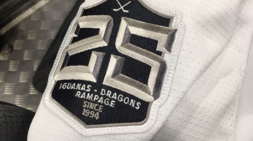 San Antonio hockey 25-year celebratory badge on the San Antonio Dragons jersey November 8, 2019 (Spectrum News)