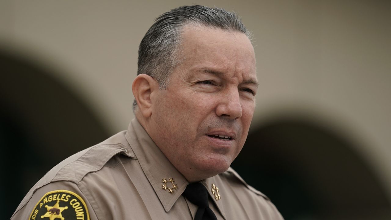 Los Angeles County Sheriff Alex Villanueva speaks during a news conference regarding the ongoing protests over the death of Dijon Kizzee in Los Angeles, Thursday, Sept. 10, 2020. (AP Photo/Jae C. Hong)
