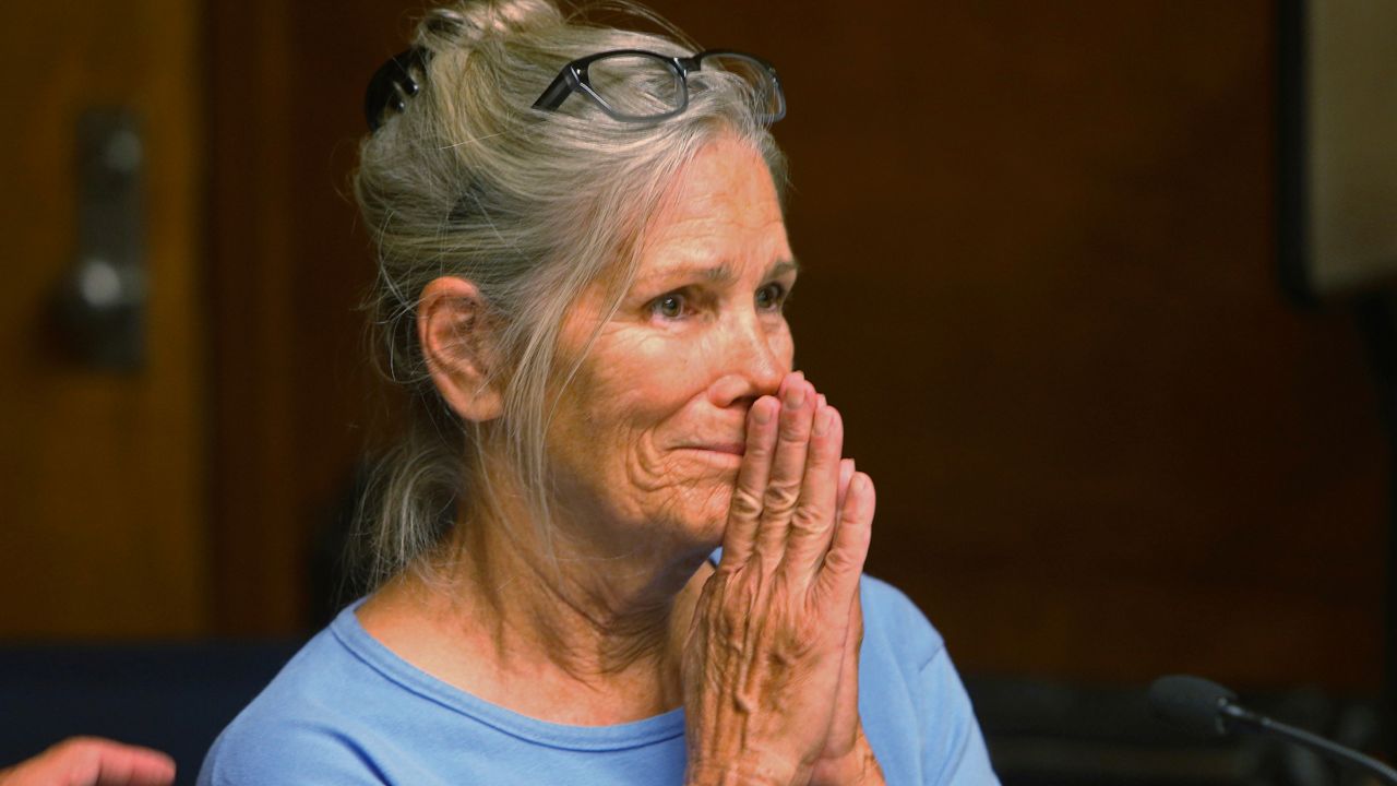 Leslie Van Houten reacts after hearing she is eligible for parole during a hearing at the California Institution for Women in Corona, Calif. on Sept. 6, 2017. (Stan Lim/Los Angeles Daily News via AP, Pool)