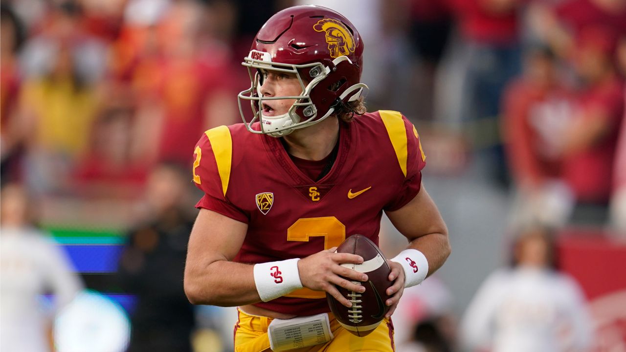 Southern California quarterback Jaxson Dart looks to throw during the first half of an NCAA college football game against Arizona Saturday, Oct. 30, 2021, in Los Angeles. (AP Photo/Marcio Jose Sanchez)