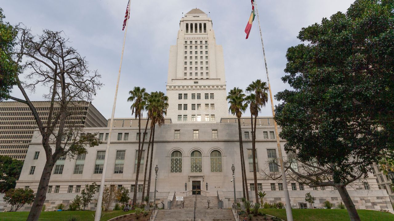 The Los Angeles City Hall building is seen in downtown Los Angeles Wednesday, Jan. 8, 2020. (AP Photo/Damian Dovarganes)