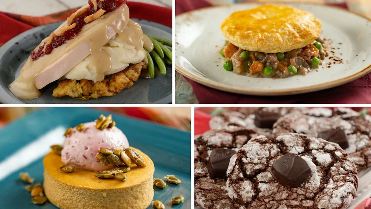 Food times for the American Holiday Table Holiday Kitchen include slow roasted turkey, holiday pot pie, pumpkin gingerbread cheesecake and a chocolate crinkle cookie. (Photo courtesy: Disney)