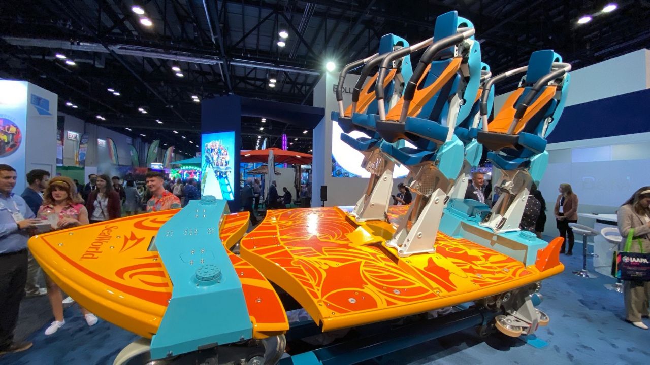 SeaWorld Orlando's upcoming 2023 attraction, Pipeline: The Surf Coaster, has a ride vehicle that features a large surfboard-like platform that riders will stand on. (Spectrum News/Ashley Carter)