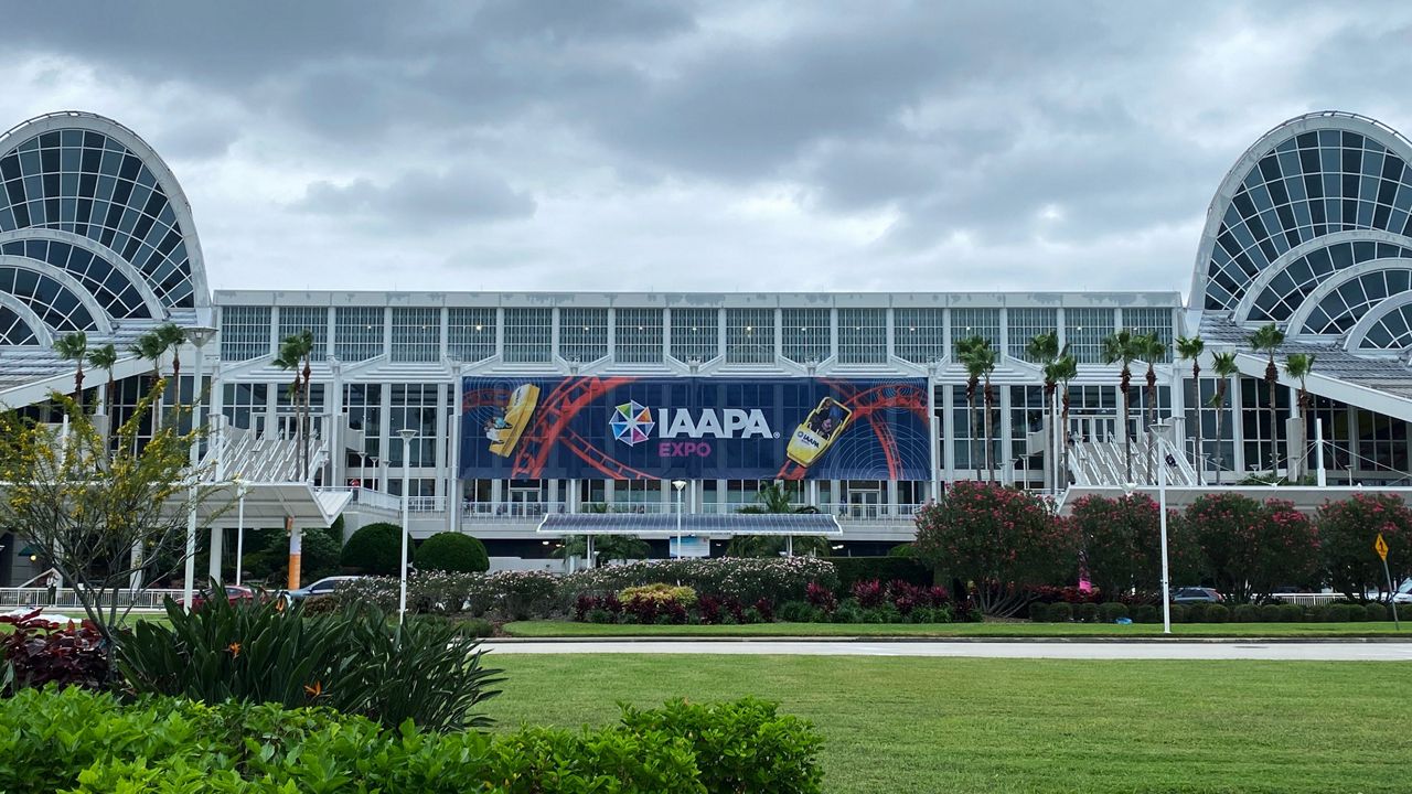 A large sign for the IAAPA Expo at the Orange County Convention Center. (Spectrum News/Ashley Carter)