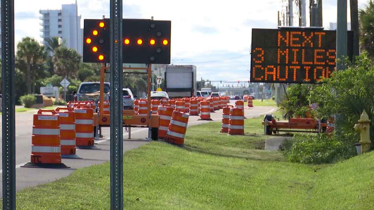 Construction barricades and signage on A1A in Brevard County. (Krystel Knowles/Spectrum News 13)