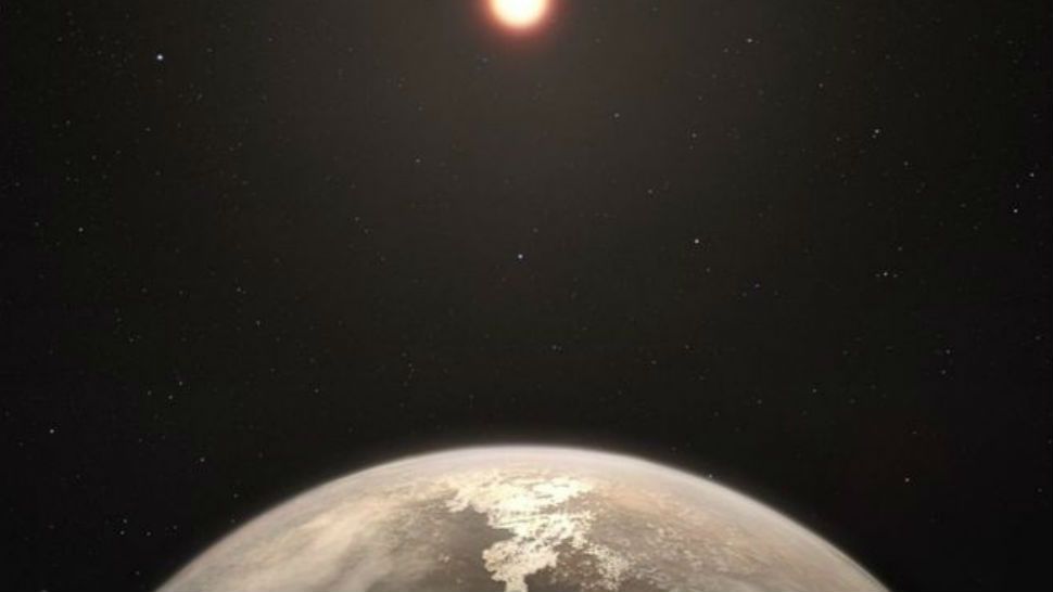 A faint red star illuminates the temperate planet Ross 128b in an illustration. Courtesy/M.Kornmesser, ESO