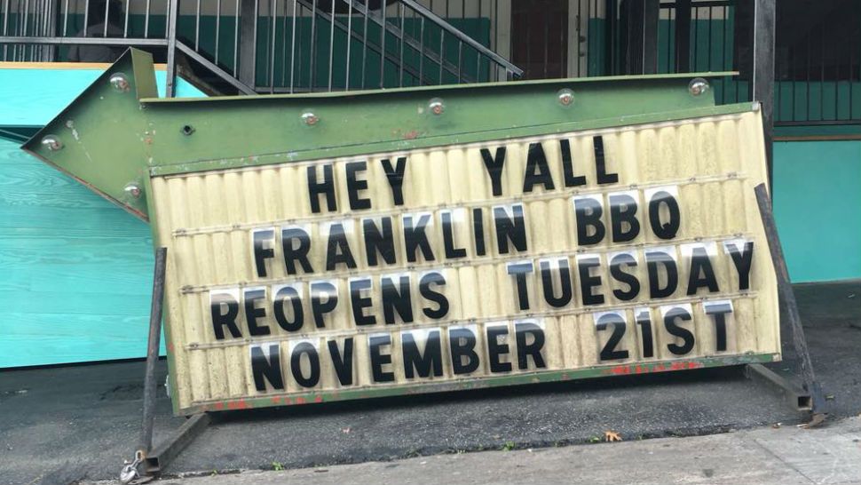 A sign in from of Franklin Barbecue announce their re-opening. (Photo Courtesy: Franklin BBQ via Twitter)