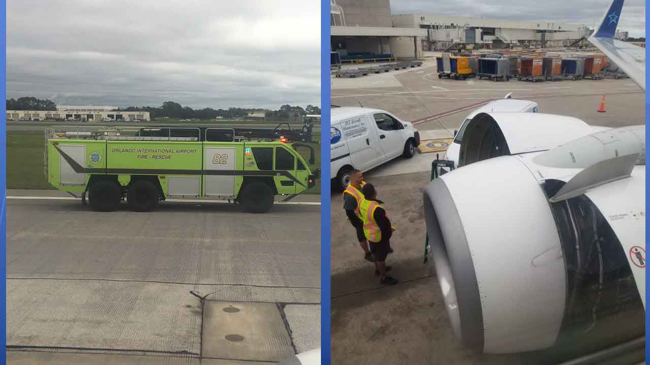 Left: Orlando International Airport Fire Rescue truck on the runway; Right: Photo taken from inside Air Transat flight 691, which was diverted from its planned destination to Orlando after a warning light went on in the cockpit, according to passengers. (Courtesy: Tania Fernandez)