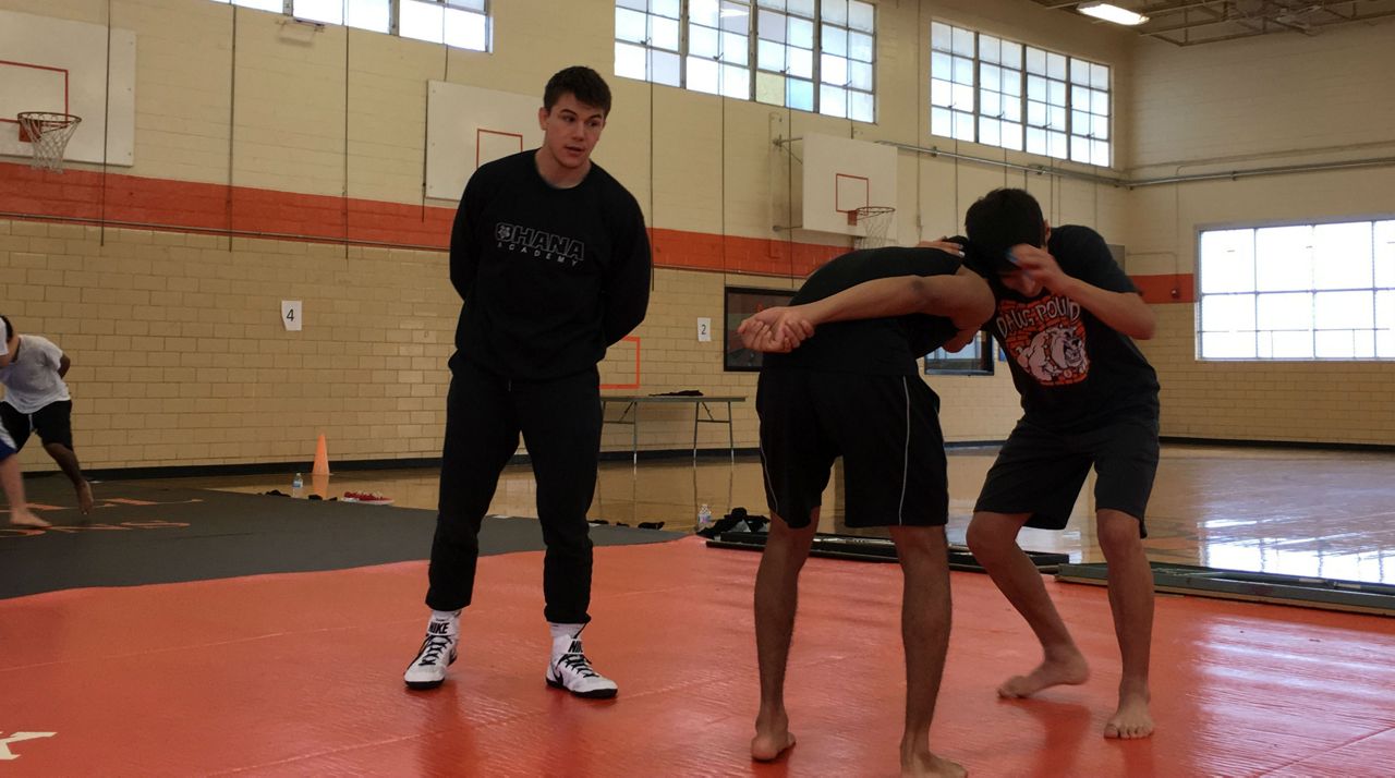 Alexander "The Great" Hernandez at wrestling seminar at Burbank High School November 17, 2018 (Spectrum News)