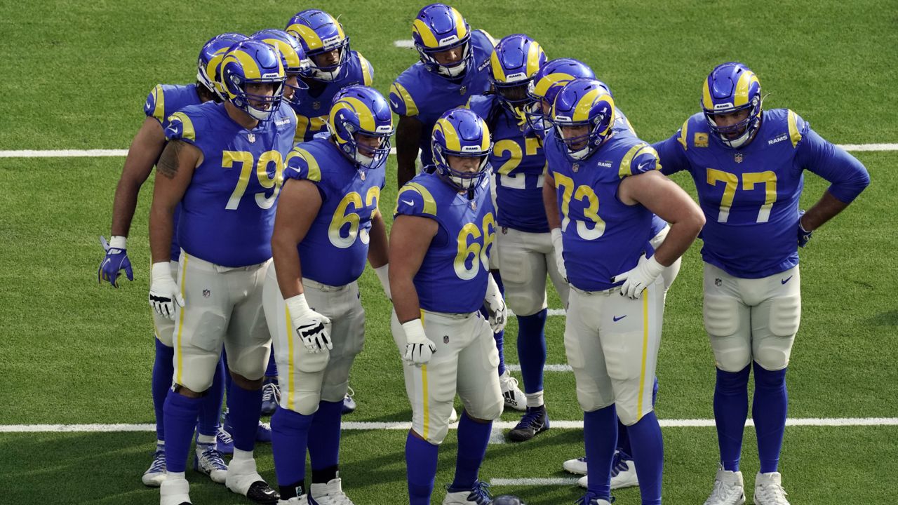 The Los Angeles Rams huddle as they play the Seattle Seahawks during the first half of an NFL football game Sunday, Nov. 15, 2020, in Inglewood, Calif. (AP Photo/Jae C. Hong)