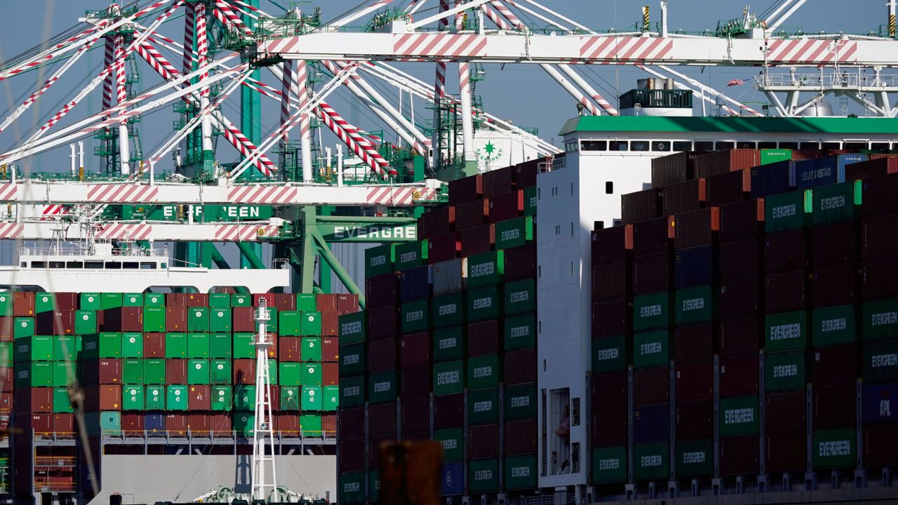 Shipping containers are stacked at the Port of Los Angeles Wednesday, Nov. 10, 2021, in Los Angeles. (AP Photo/Marcio Jose Sanchez, File)