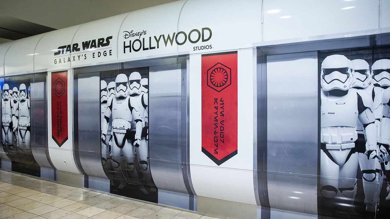 Disney installed Star Wars: Galaxy's Edge themed wraps on the terminal shuttle stations at Orlando International Airport. (Steven Diaz, photographer)