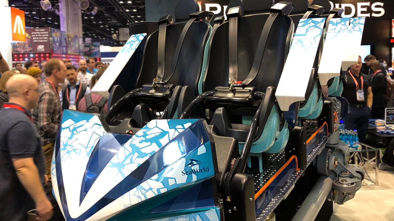 SeaWorld unveiled the ride vehicle for its new Ice Breaker roller coaster at the IAAPA convention in Orlando Tuesday. (Ashley Carter, Spectrum News)