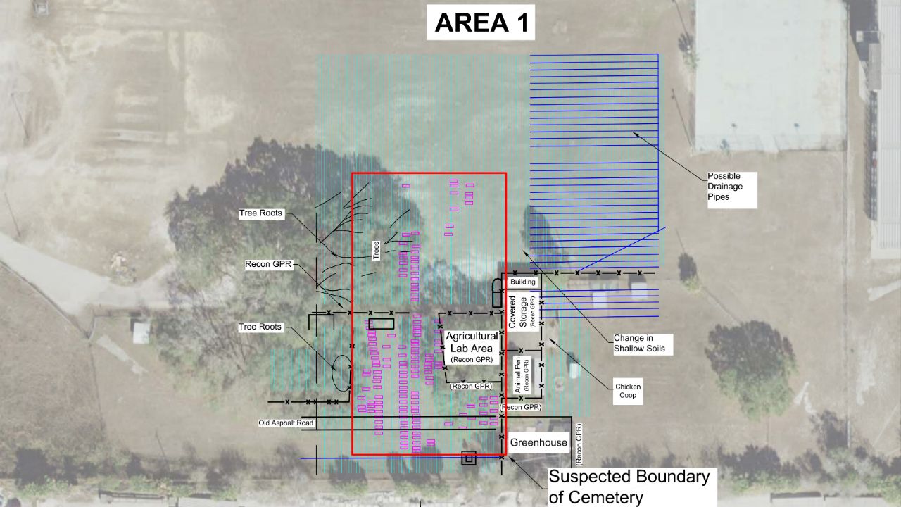 A site survey shows the locations of coffins found buried in a potter's field on the campus of King High School in Tampa. The cemetery dates back to the 1940s or 1950s. (Hillsborough County Public Schools)