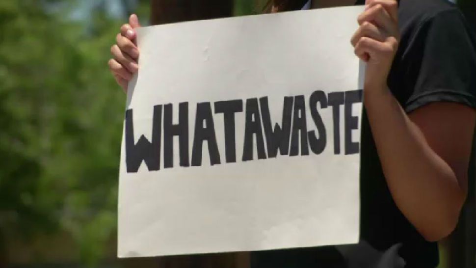 Activists protest Whatburger's use of Styrofoam cups, which they say is killing wildlife. (Spectrum News Photo)