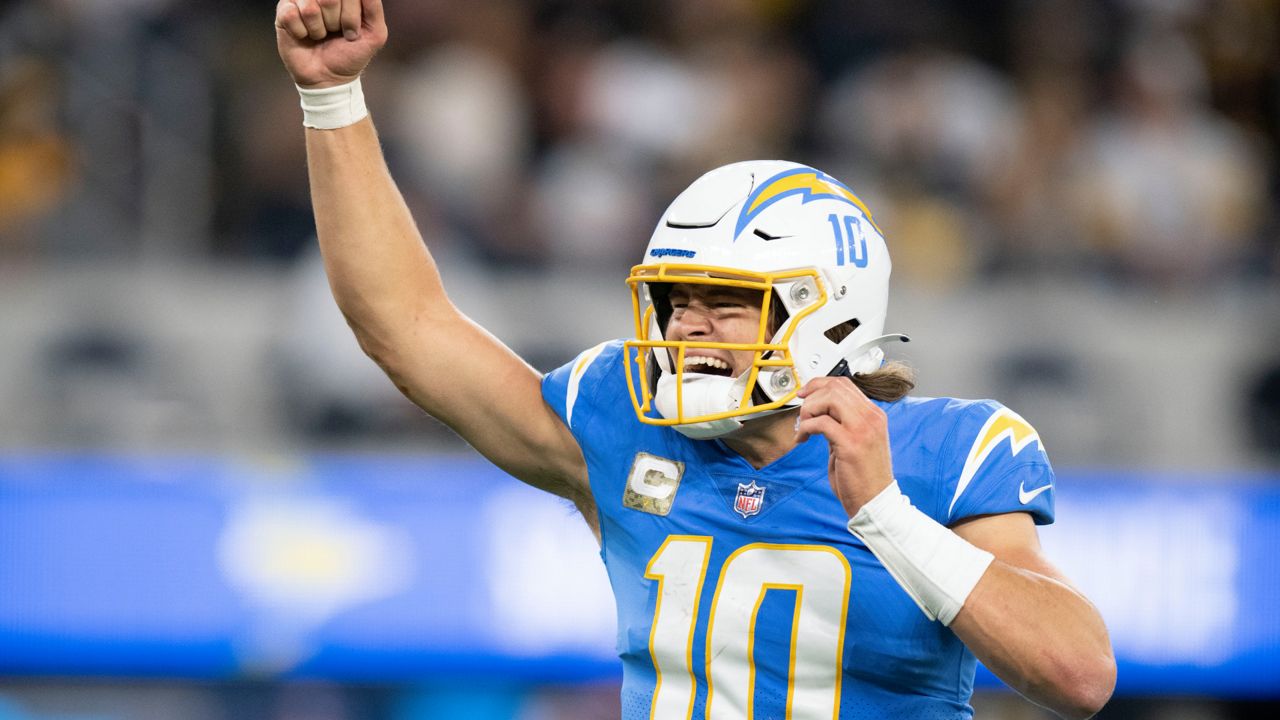 Los Angeles Chargers quarterback Justin Herbert (10) reacts after the team scores a touchdown during an NFL football game against the Pittsburgh Steelers Sunday, Nov. 21, 2021, in Inglewood, Calif. (AP Photo/Kyusung Gong)