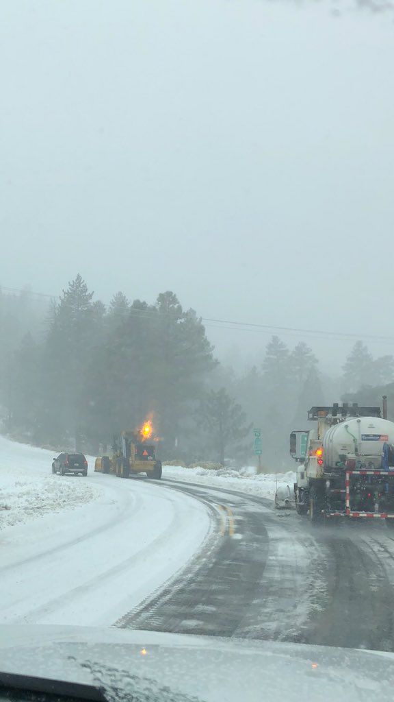 Plows out clearing the snow from the roads in Caltrans District 8 on November 20. Drivers are asked to move out of the way and use chains on their tires.