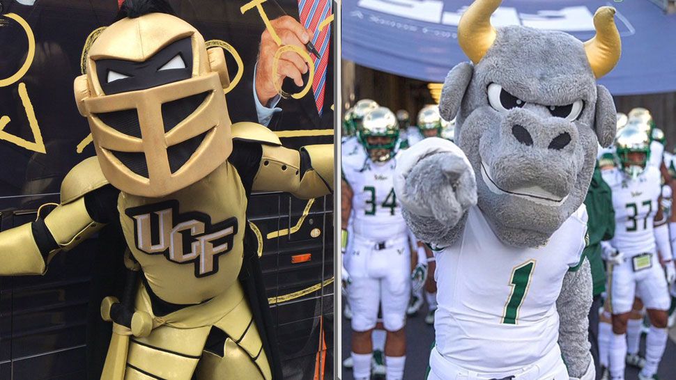  UCF's Knightro and USF's Rocky the Bull are engaging in their own War on I-4 on Twitter before today's big game. (File/UCF, USF)