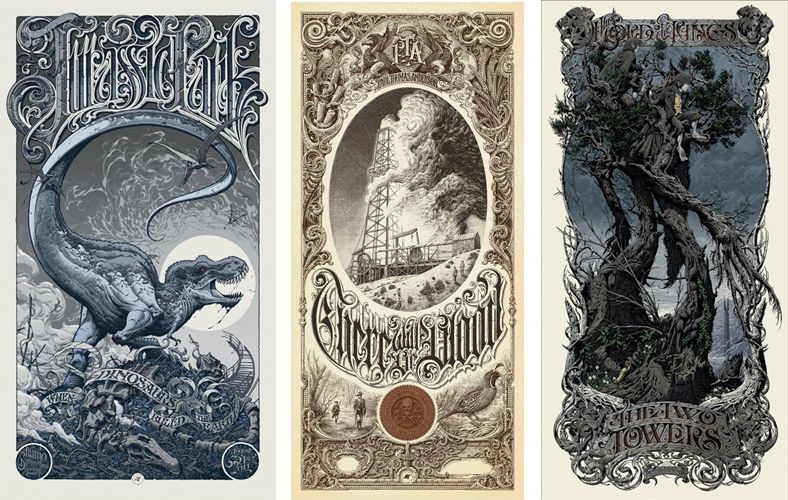 JURASSIC PARK, THERE WILL BE BLOOD, and THE TWO TOWERS by Aaron Horkey posters. (Courtesy: eMoviesPoster.com)