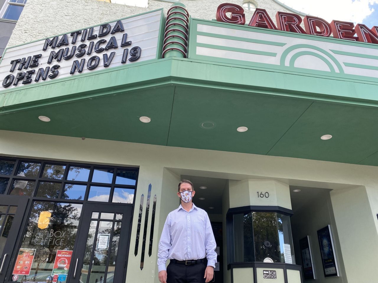 Artistic director Joseph C. Walsh outside the historic Garden Theatre in Winter Garden. (Pete Reinwald, Spectrum News)