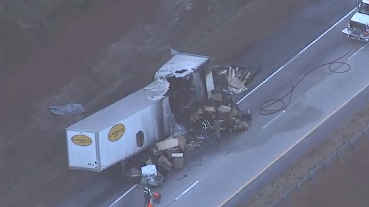 A heavily damaged tractor-trailer on I-85 NB in Granville County. 
