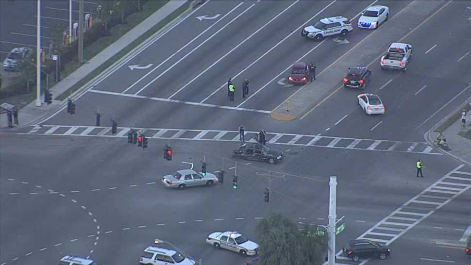 Aerial view of intersection of North 50th Street and E. Columbus Drive in Tampa. A chase involving a suspect vehicle and Tampa Police ended in the intersection with a crash Wednesday, November 14, 2018. (Courtesy of Sky 9)