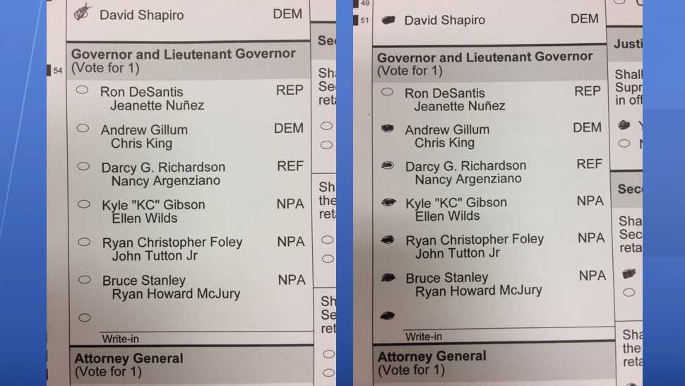 L to R: Both "undervotes" and "overvotes" will be considered by elections officials if/when manual recounts are ordered following the release of the machine recount results this week. (Angie Angers/Spectrum Bay News 9)