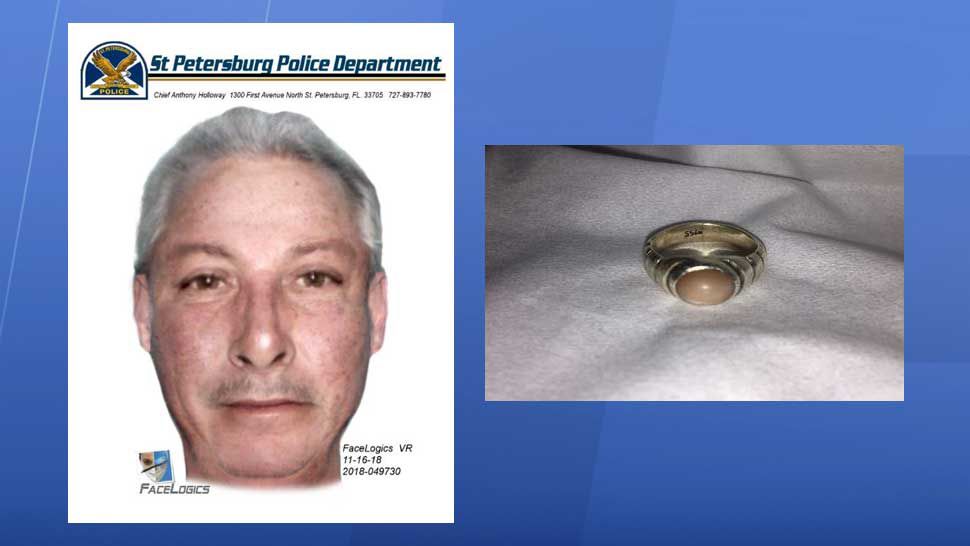 Left: Composite image released by St. Petersburg Police of the unidentified man killed in a traffic crash on November 14; Right: Ring the man was wearing at the time of the crash. (Courtesy of St. Petersburg Police)