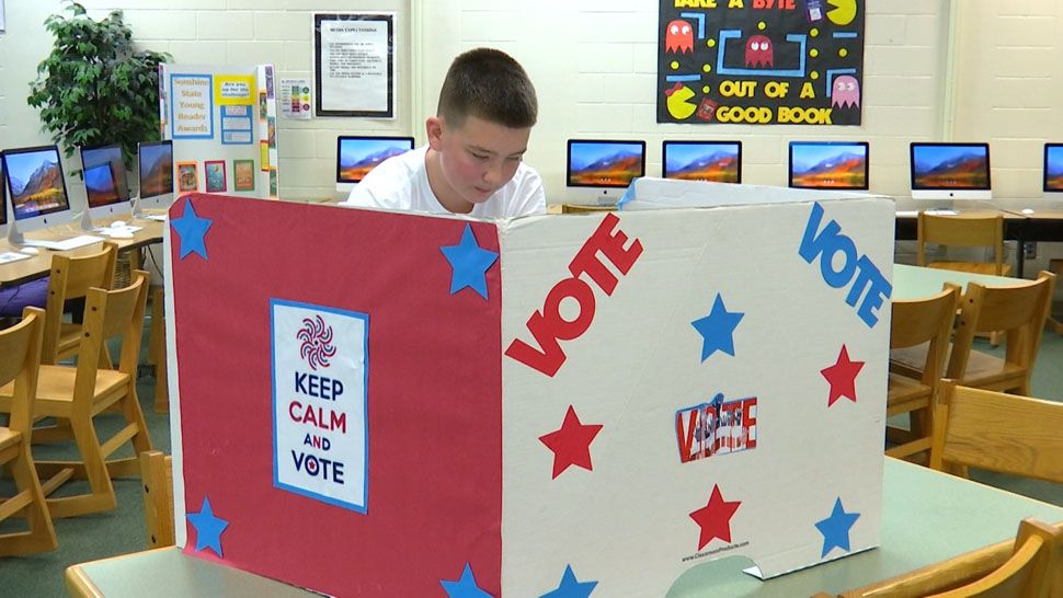 A mock voting booth set up in a Pasco County classroom.