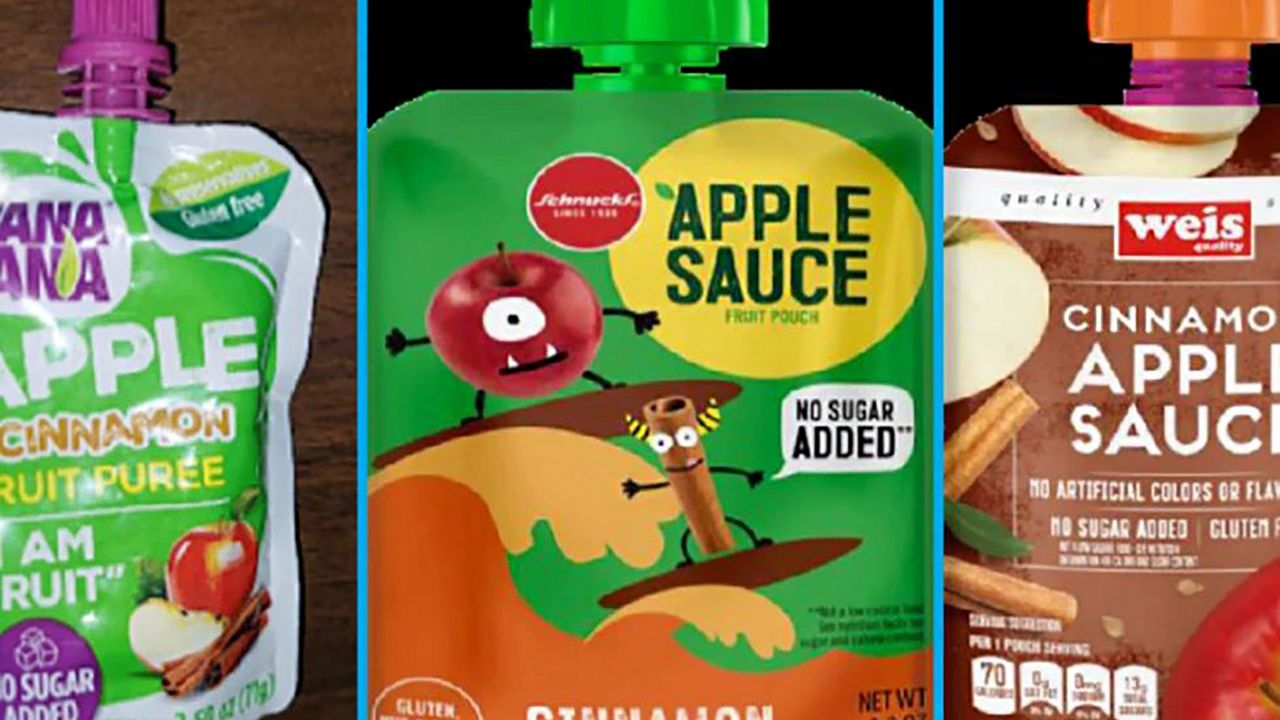 This image provided by the U.S. Food and Drug Administration on Thursday, Nov. 17, 2023, shows three recalled applesauce products - WanaBana apple cinnamon fruit puree pouches, Schnucks-brand cinnamon-flavored applesauce pouches and variety pack, and Weis-brand cinnamon applesauce pouches. U.S. food inspectors found “extremely high” lead levels in cinnamon at a plant in Ecuador that made applesauce pouches tainted with the metal. The recalled pouches have been linked to dozens of illnesses in U.S. kids. The FDA said Monday, Dec. 18, 2023, the agency is continuing to investigate. (FDA via AP)