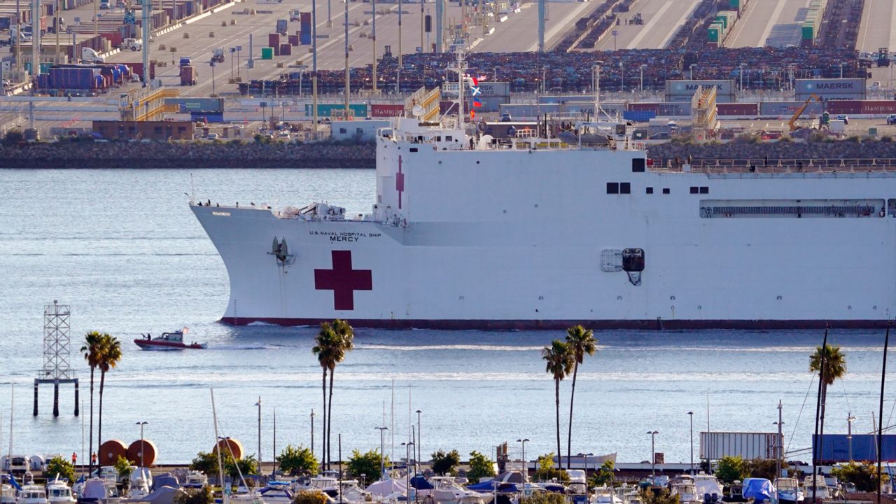 The USNS Mercy hospital ship docked in Los Angeles earlier this year. (Photo by Ted Soqui/SIPA USA, via AP)