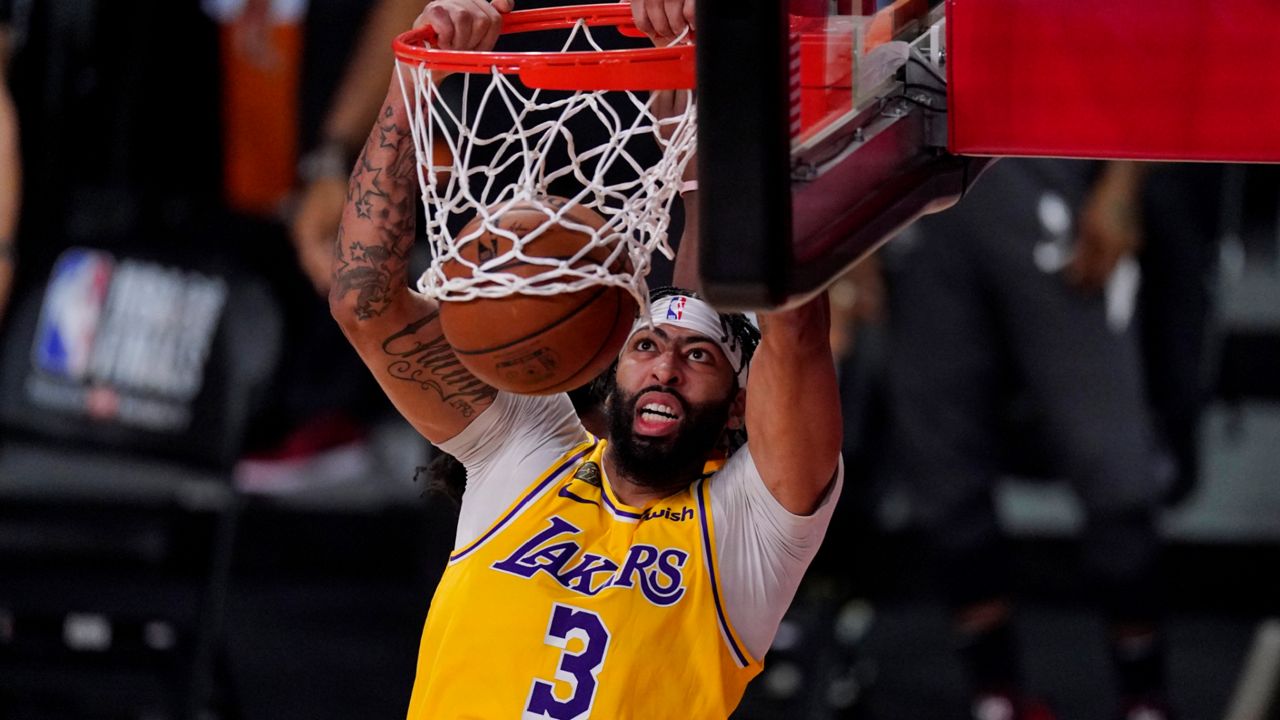 Los Angeles Lakers' Anthony Davis during the second half of Game 1 of the NBA Finals in Lake Buena Vista, Fla., Wednesday, Sept. 30, 2020. (AP Photo/Mark J. Terrill, File)