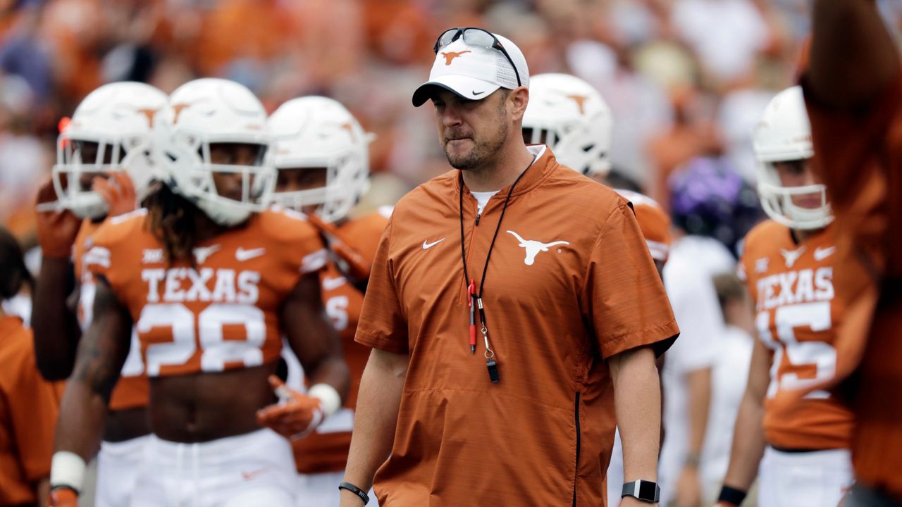 Texas head coach Tom Herman before an NCAA college football game against TCU, Saturday, Sept. 22, 2018, in Austin, Texas. (AP Photo/Eric Gay)