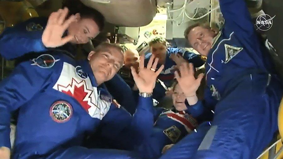 The combined Expedition 57 crew takes a selfie after the crew from the Soyuz arrived Monday afternoon. (NASA)