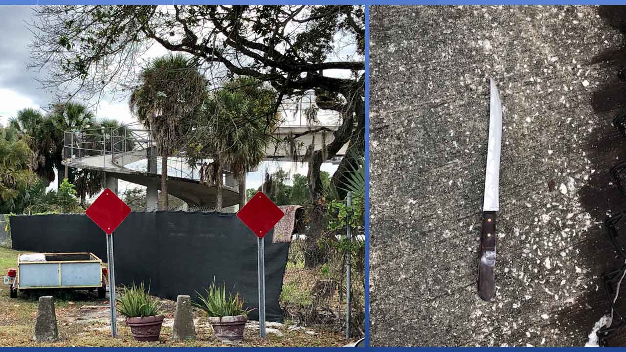 Left: Pedestrian walkway where St. Petersburg Police reportedly confronted a man wielding a 10-inch knife Tuesday afternoon (Josh Rojas/Spectrum Bay News 9); Right: Image released by St. Petersburg Police of the knife wielded by the man during the confrontation. (Courtesy: St. Petersburg Police)