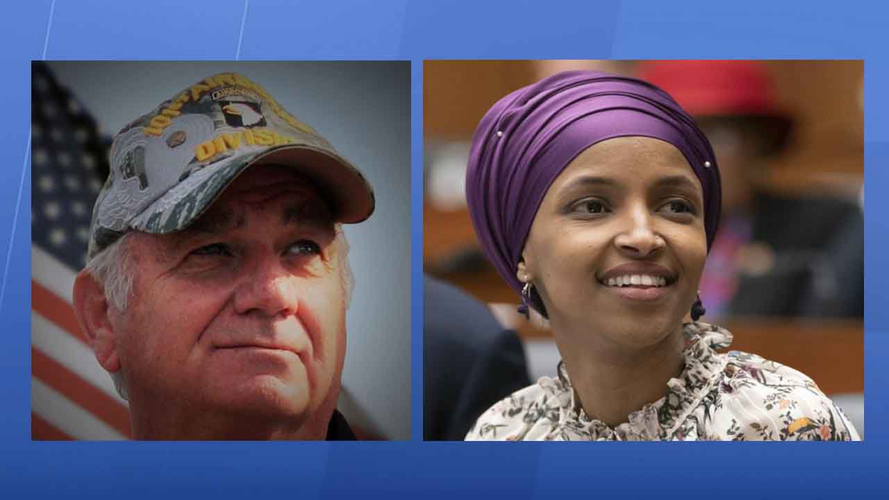 Left: George Buck, Jr., Republican primary candidate for Florida's 13th District; Right: Rep. Ilhan Omar (D-Minnesota)